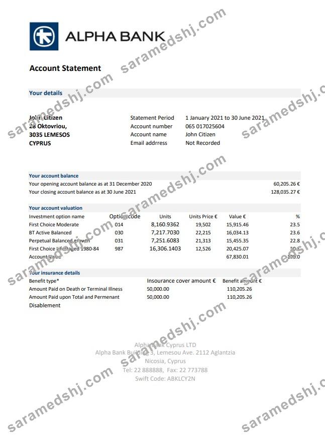 Cyprus Alpha Bank statement easy to fill template in Excel and PDF format